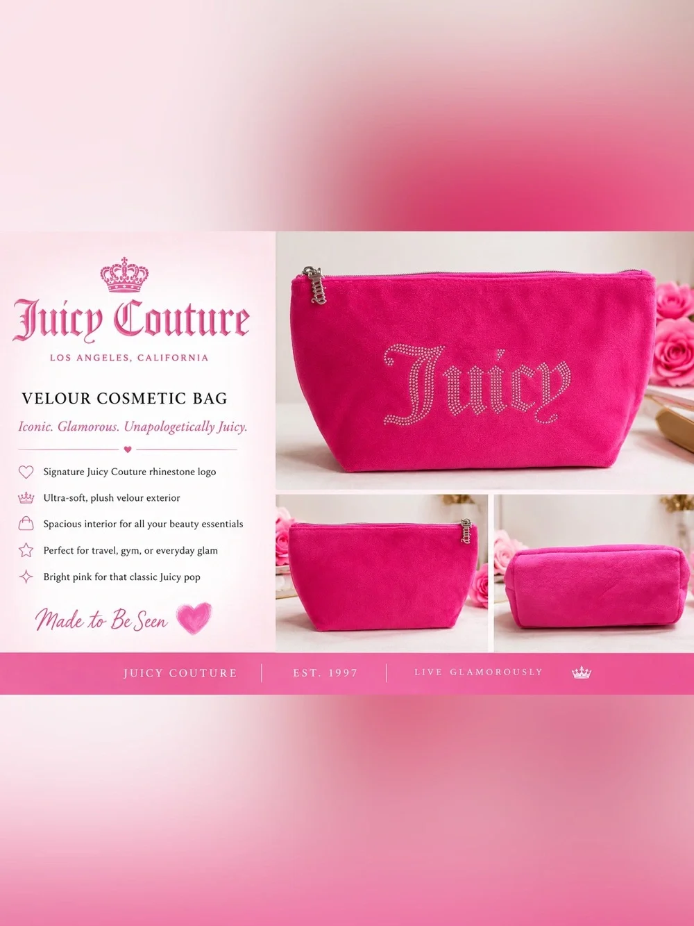 💖 Juicy Couture Pink Velour Cosmetic Makeup Bag Rhinestone Logo 💖